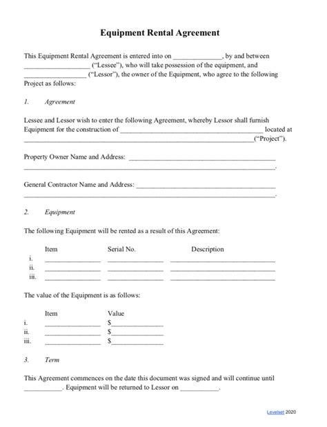 rental agreement per use equipment